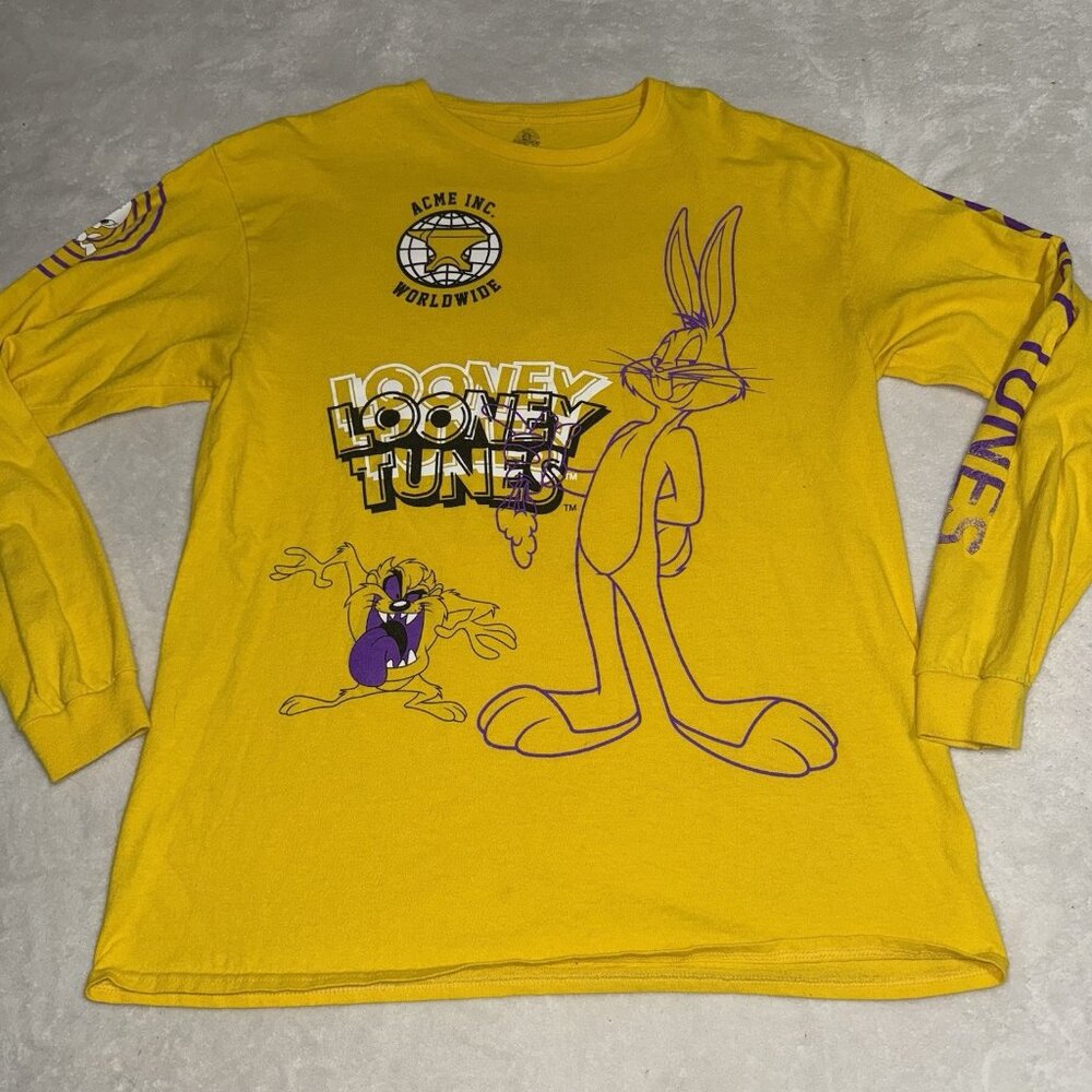 Men’s Looney Tunes Long Sleeve Shirt Yellow Shirt Taz Bugs Tweety Size Large